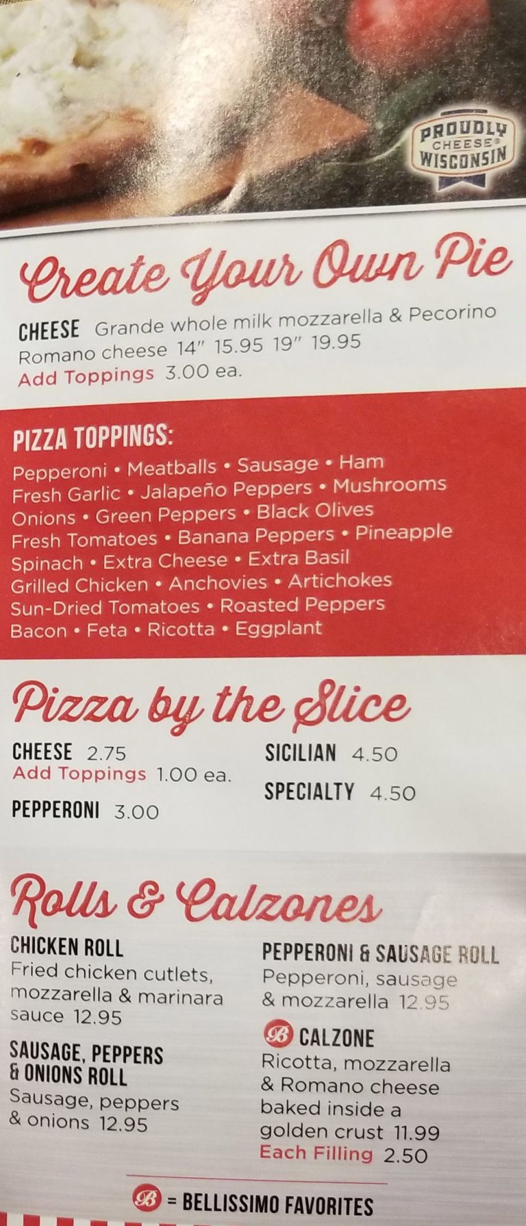 Bellissimo Pizza Cafe Inc Menu Updated November 2024